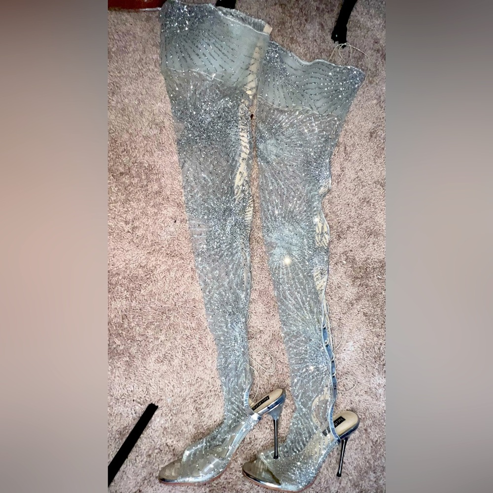 Thigh-high glitter glam open-toe adjustable heels size 8 by Russian Roulette